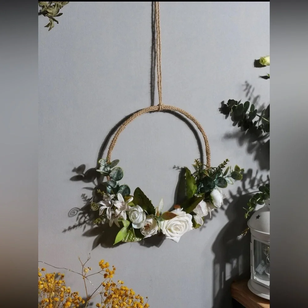 Brand NWT White Rose Floral Arrangement Round Wreath Hanging Decoration